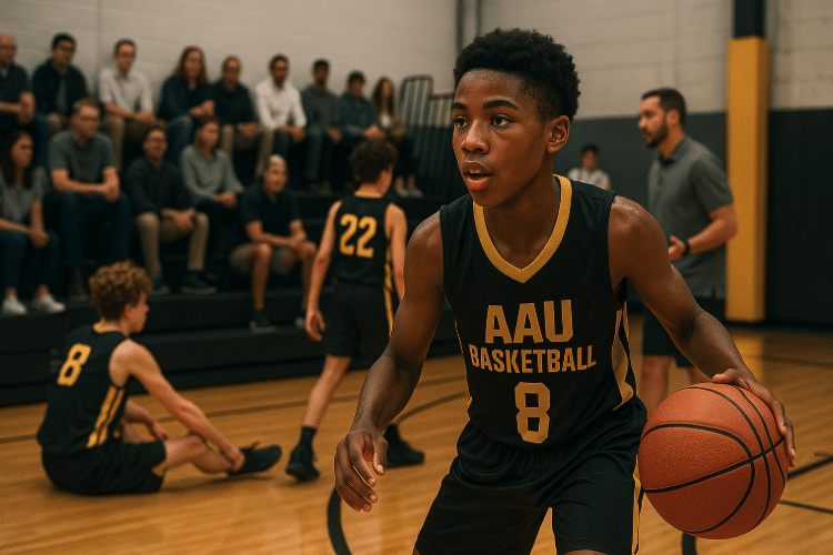 Youth basketball player warming up before an AAU game while parents and coaches observe.